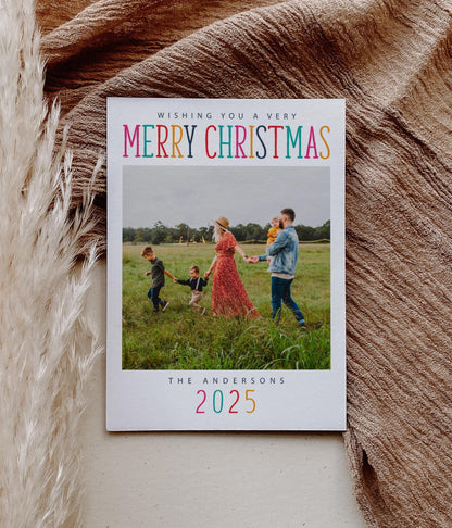 Christmas Photo Card - Holiday Photo Card Template, Colorful Merry Christmas, Yellow, Pink, Teal, DIY, Editable Template - Instant Download