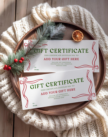 Editable Christmas Gift Certificate, Printable Gift Voucher, Custom Holiday Ticket, Coupon, Canva Template