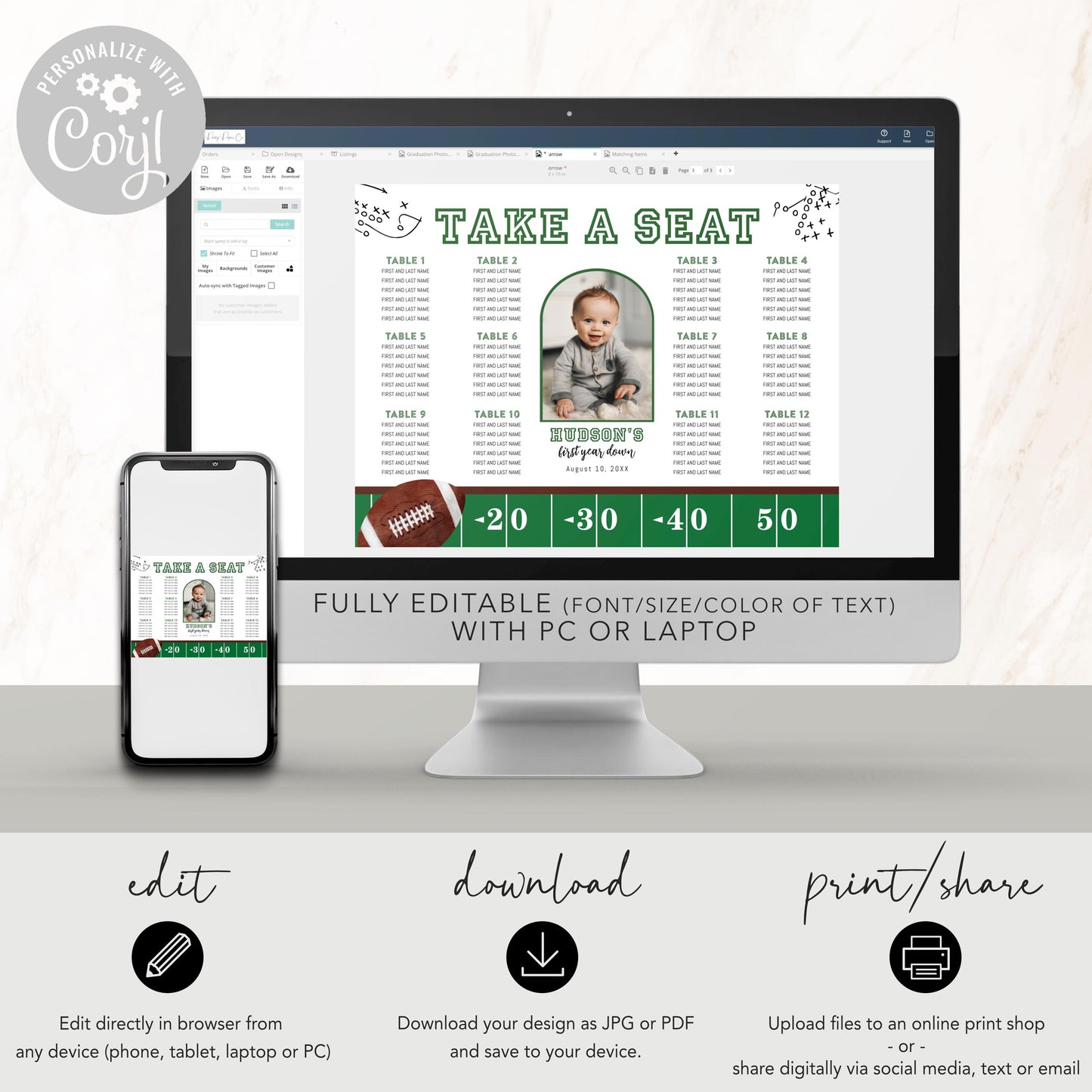 Football Party Seating Chart - First Year Down Birthday Party - Table Seating Chart Arrangement - EDITABLE Template - Printable