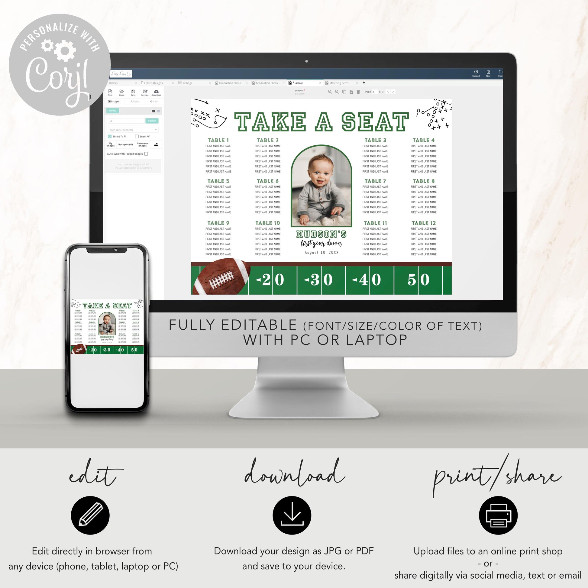 Football Party Seating Chart - First Year Down Birthday Party - Table Seating Chart Arrangement - EDITABLE Template - Printable