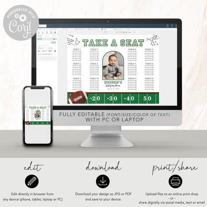 Football Party Seating Chart - First Year Down Birthday Party - Table Seating Chart Arrangement - EDITABLE Template - Printable