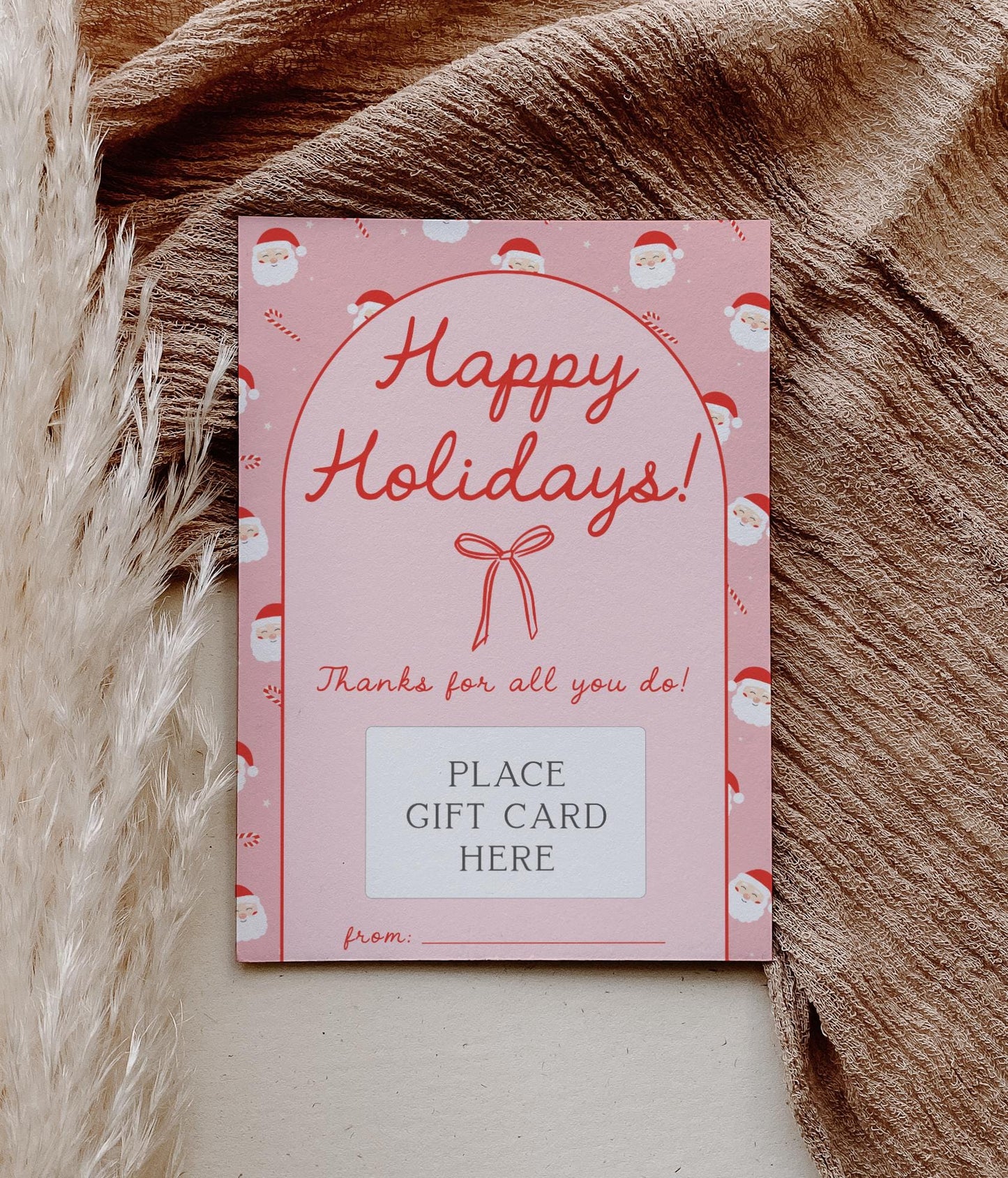 Pink Bow Christmas Gift Card Holder - Happy Holidays - Printable - Girl Christmas Present - Teacher Gift - INSTANT DOWNLOAD
