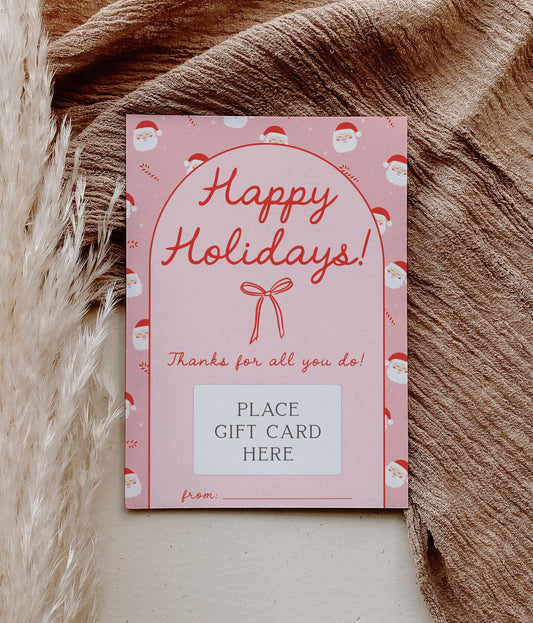 Pink Bow Christmas Gift Card Holder - Happy Holidays - Printable - Girl Christmas Present - Teacher Gift - INSTANT DOWNLOAD