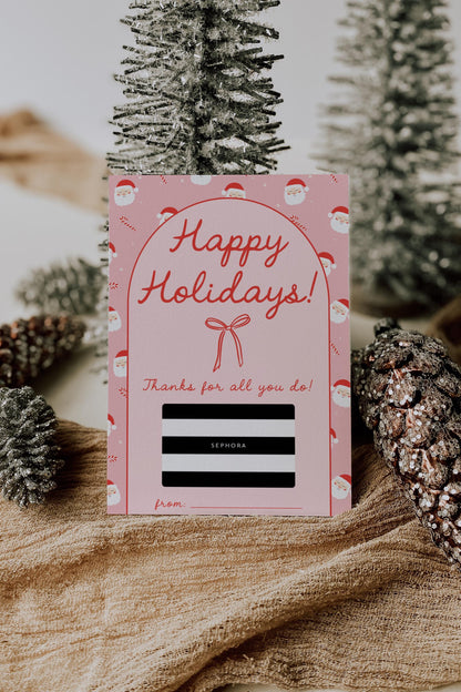 Pink Bow Christmas Gift Card Holder - Happy Holidays - Printable - Girl Christmas Present - Teacher Gift - INSTANT DOWNLOAD