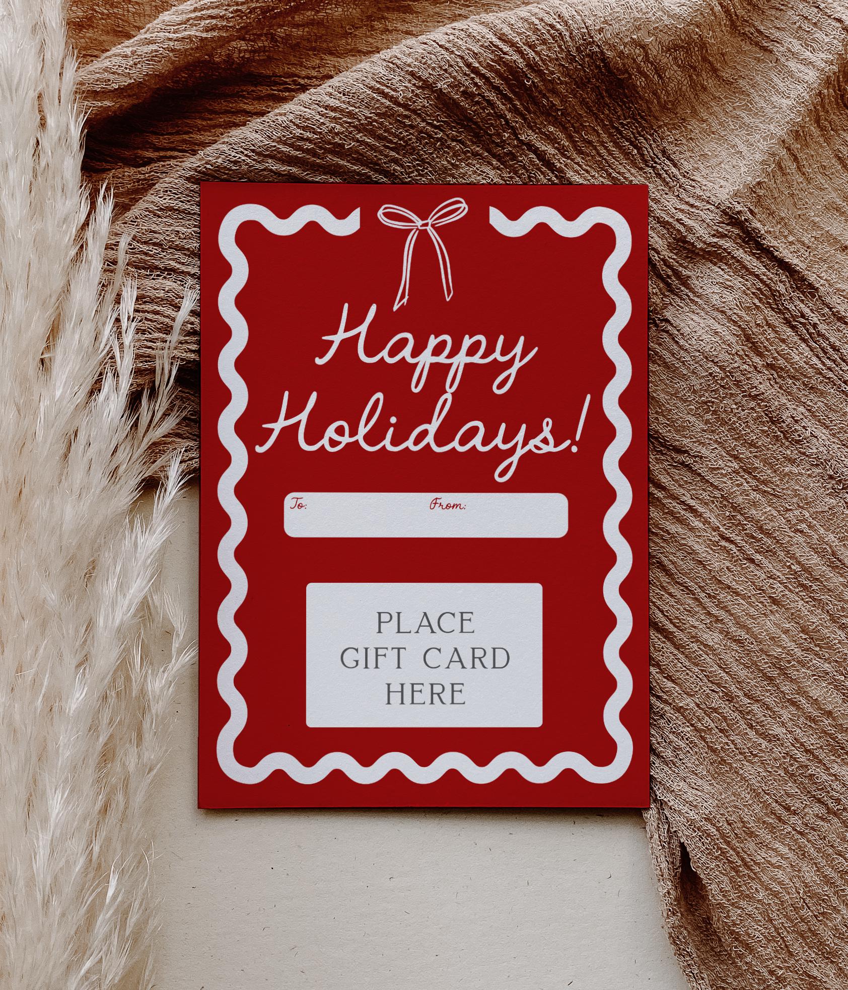 Bow Christmas Gift Card Holder - Happy Holidays - Wavy Border Red Bow Printable Present - Teacher Gift - INSTANT DOWNLOAD
