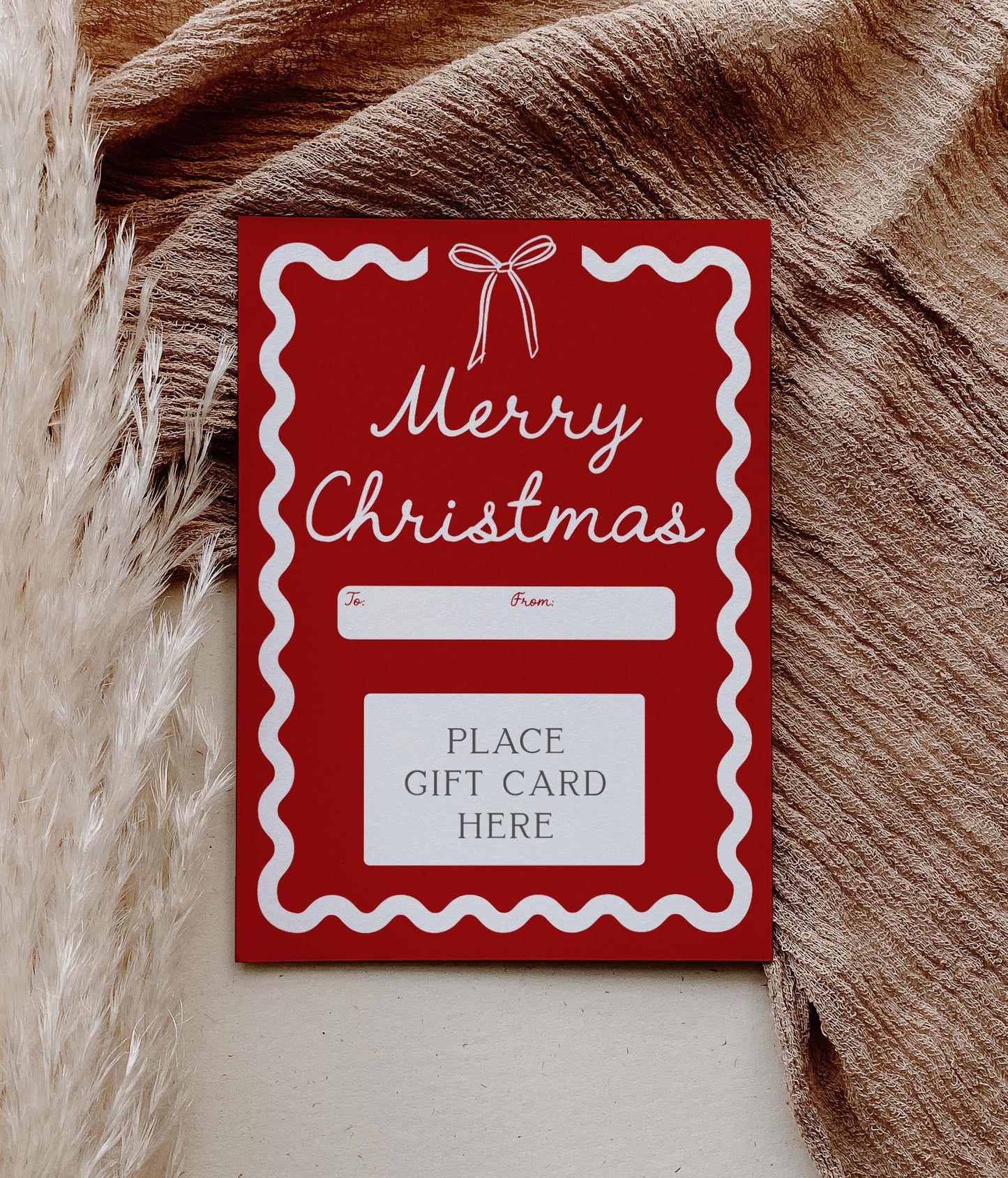 Bow Christmas Gift Card Holder - Merry Christmas Wavy Border Red Printable Present - Last Minute Gift - INSTANT DOWNLOAD