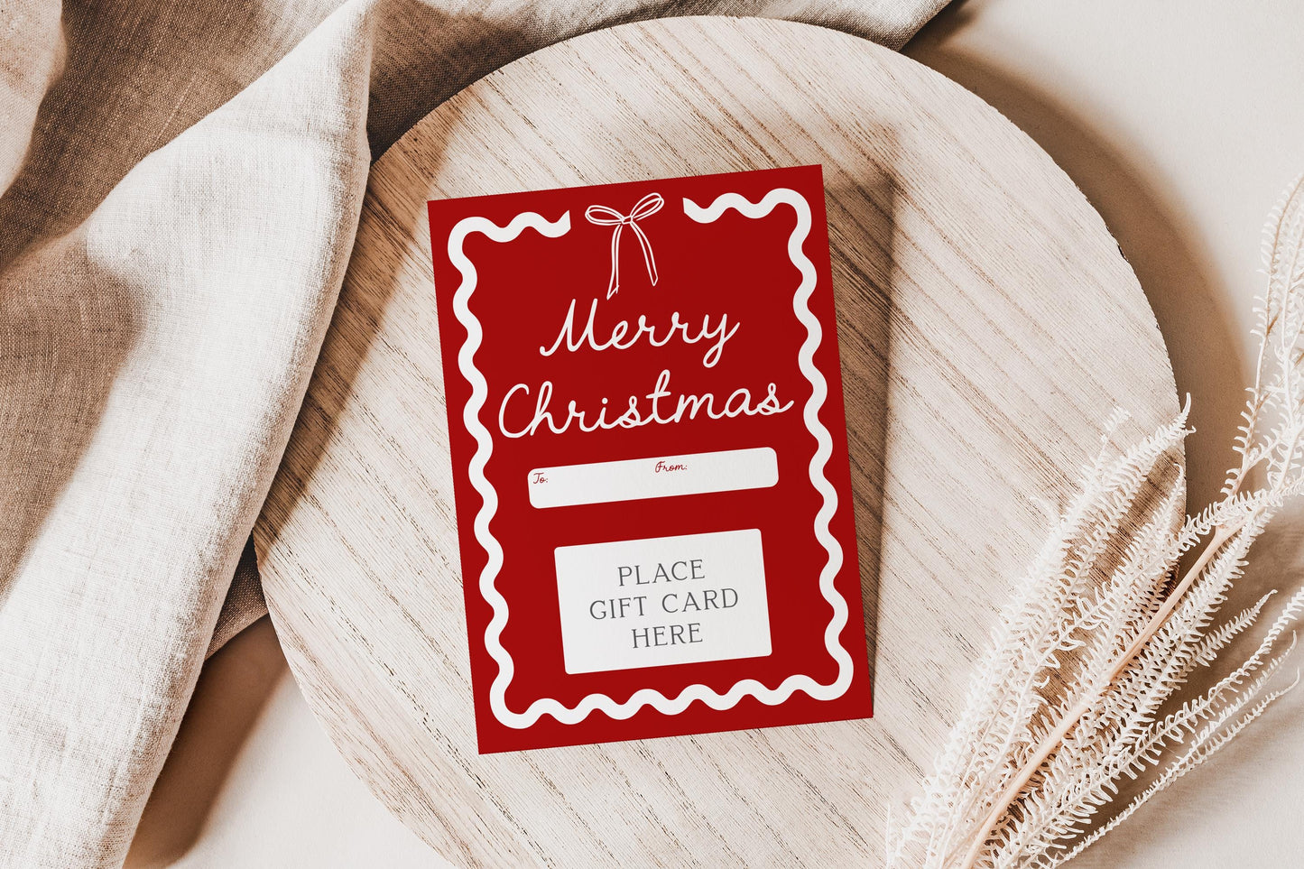 Bow Christmas Gift Card Holder - Merry Christmas Wavy Border Red Printable Present - Last Minute Gift - INSTANT DOWNLOAD