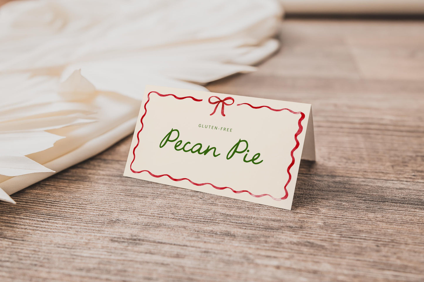 Christmas Bow Food Tent Cards, Holiday Place card, Custom Birthday Buffet Card, Editable Template