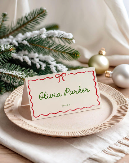 Christmas Bow Food Tent Cards, Holiday Place card, Custom Birthday Buffet Card, Editable Template