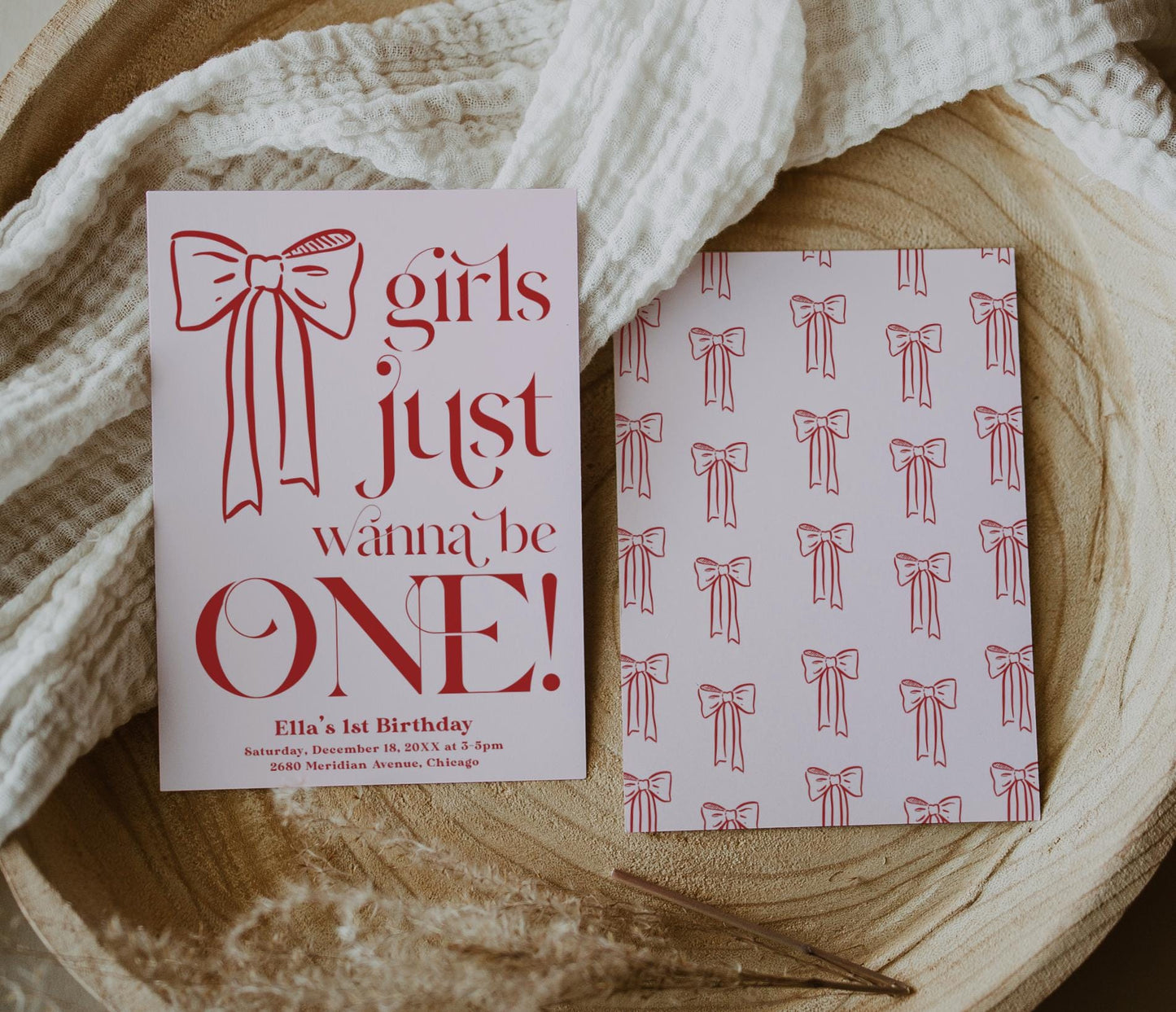 Girls Just Wanna Be ONE Pink and Red Bow 1st Birthday Invitation, Editable Girl First Birthday Invite, Bow Theme Printable Party Invitation
