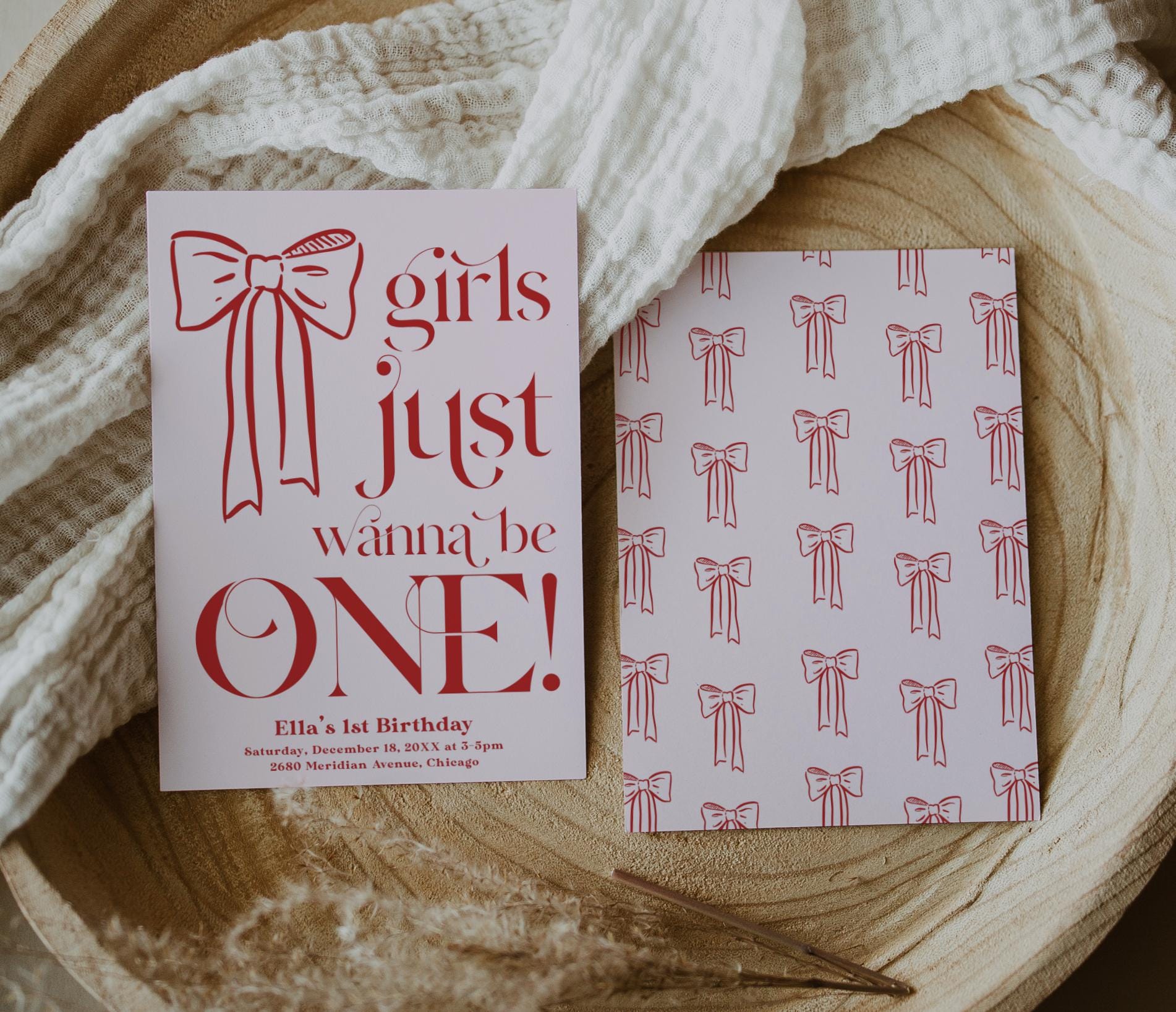 Girls Just Wanna Be ONE Pink and Red Bow 1st Birthday Invitation, Editable Girl First Birthday Invite, Bow Theme Printable Party Invitation