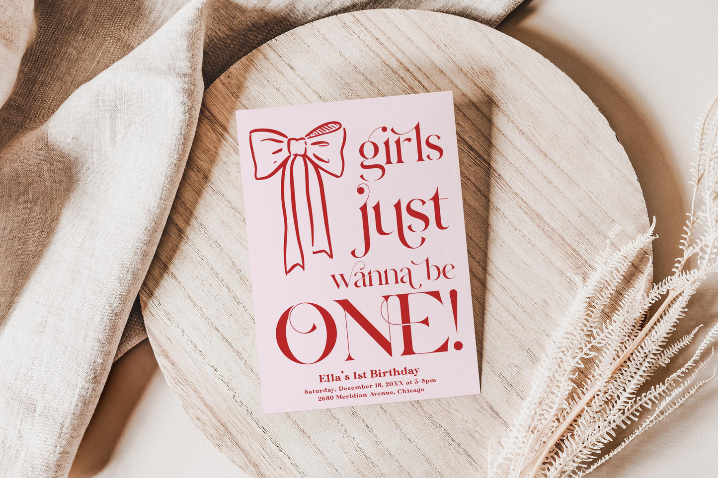 Pink and Red 1st Birthday Invitation with coquette bow and whimsical lettering reading &quot;girls just wanna be ONE&quot;