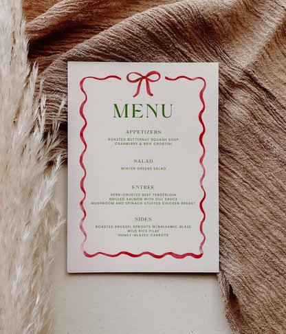 Editable Christmas Menu, Whimsical Red Ribbon Bow Holiday Party Sign - Canva Template