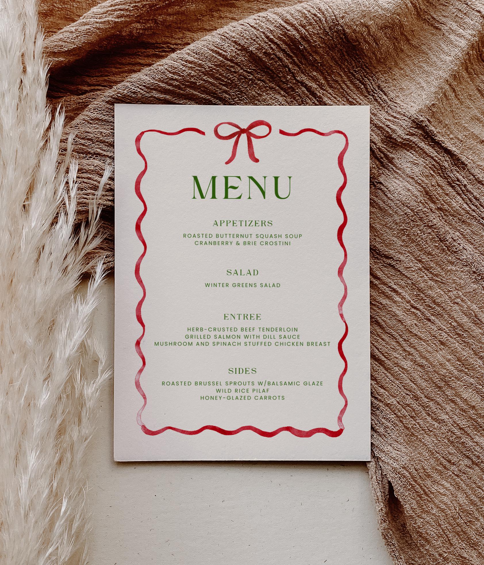 Editable Christmas Menu and Drink List, Whimsical Red Ribbon Bow Holiday Party Bar Sign - TWO SIZES - Canva Template