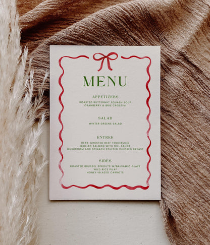 Editable Christmas Menu and Drink List, Whimsical Red Ribbon Bow Holiday Party Bar Sign - TWO SIZES - Canva Template