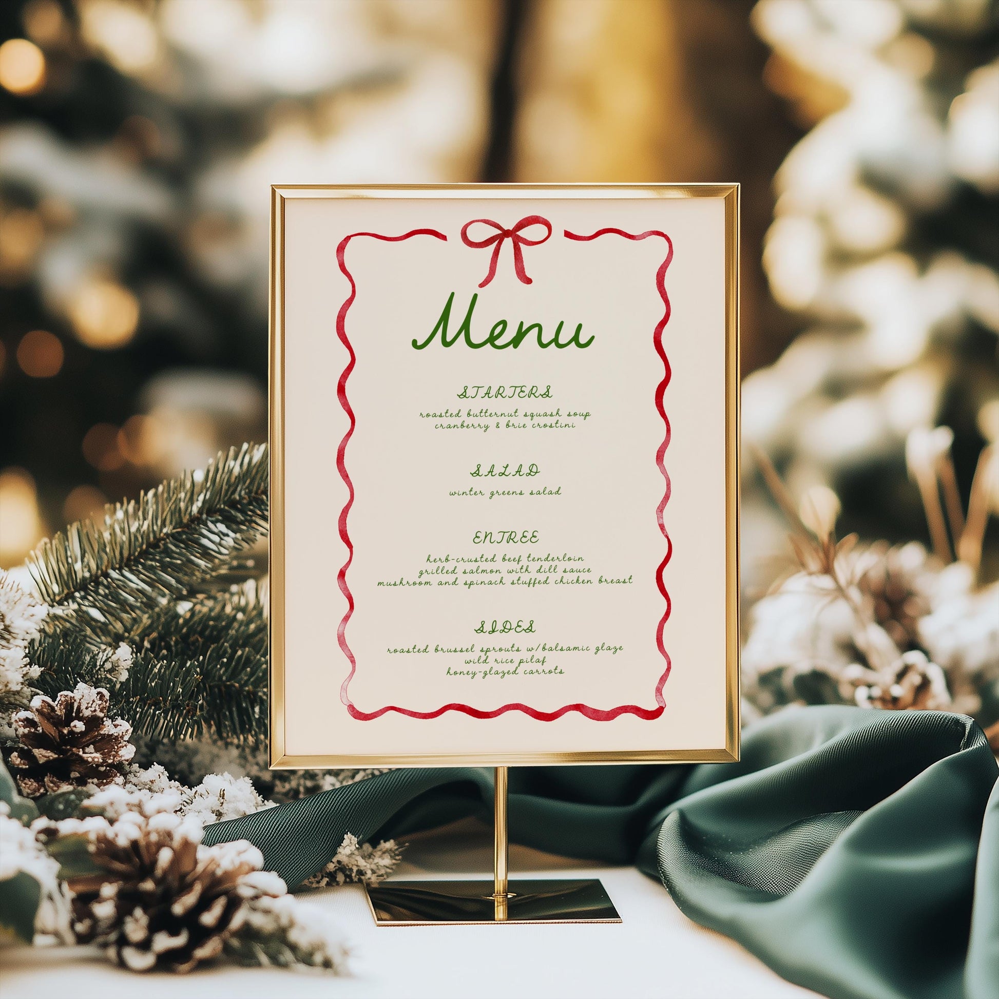 Editable Christmas Menu, Whimsical Red Ribbon Bow Holiday Party Sign - Bar Drink List - Canva Template