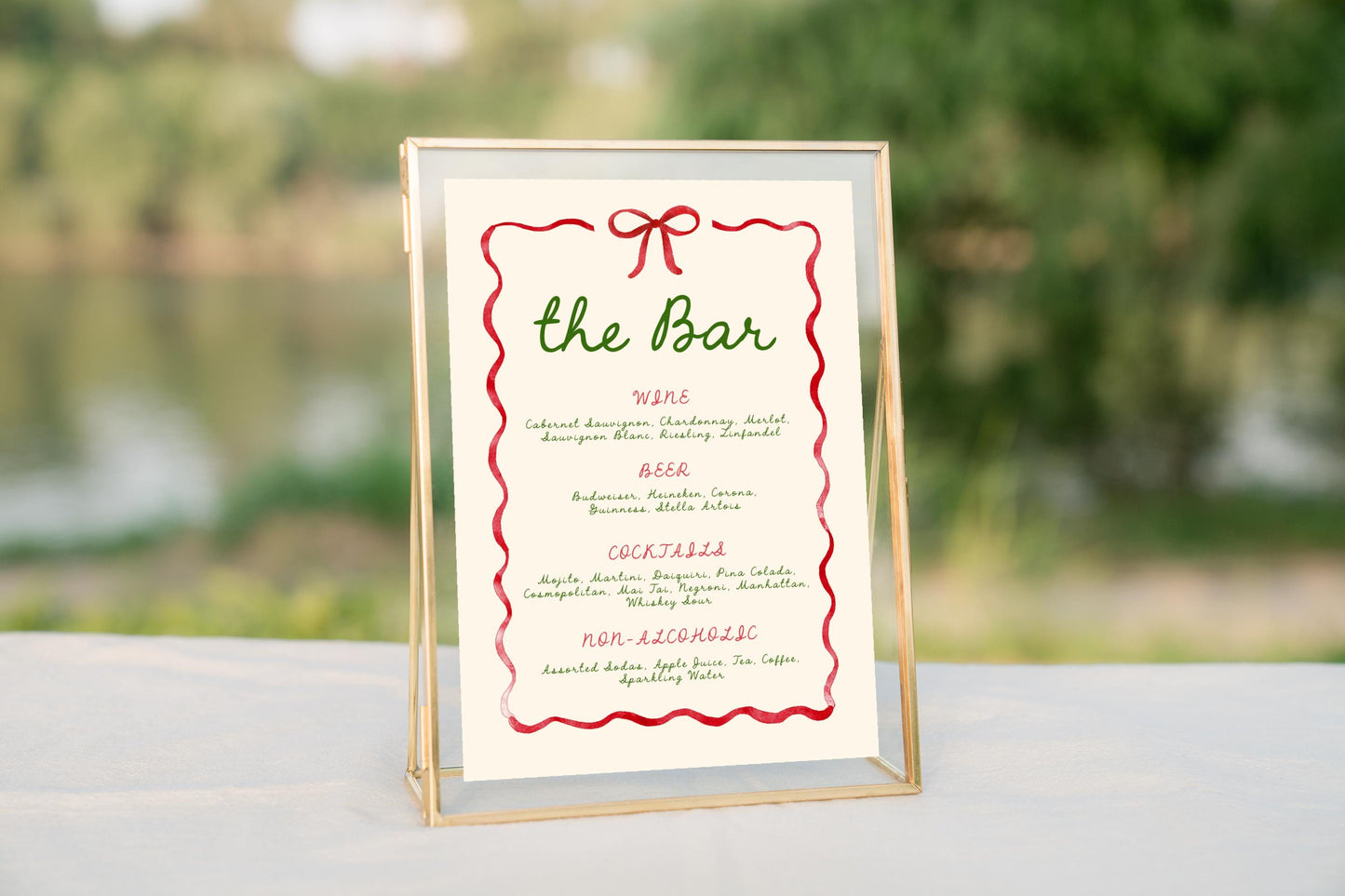 Editable Christmas Menu and Drink List, Whimsical Red Ribbon Bow Holiday Party Bar Sign - TWO SIZES - Canva Template