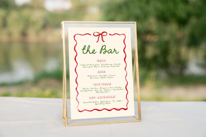 Editable Christmas Menu and Drink List, Whimsical Red Ribbon Bow Holiday Party Bar Sign - TWO SIZES - Canva Template