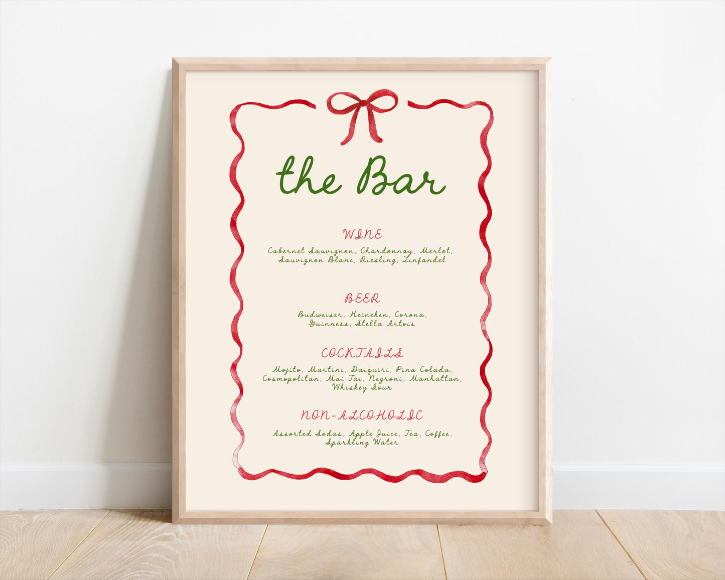 Editable Christmas Menu, Whimsical Red Ribbon Bow Holiday Party Sign - Bar Drink List - Canva Template