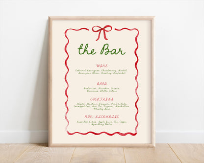 Editable Christmas Menu, Whimsical Red Ribbon Bow Holiday Party Sign - Bar Drink List - Canva Template