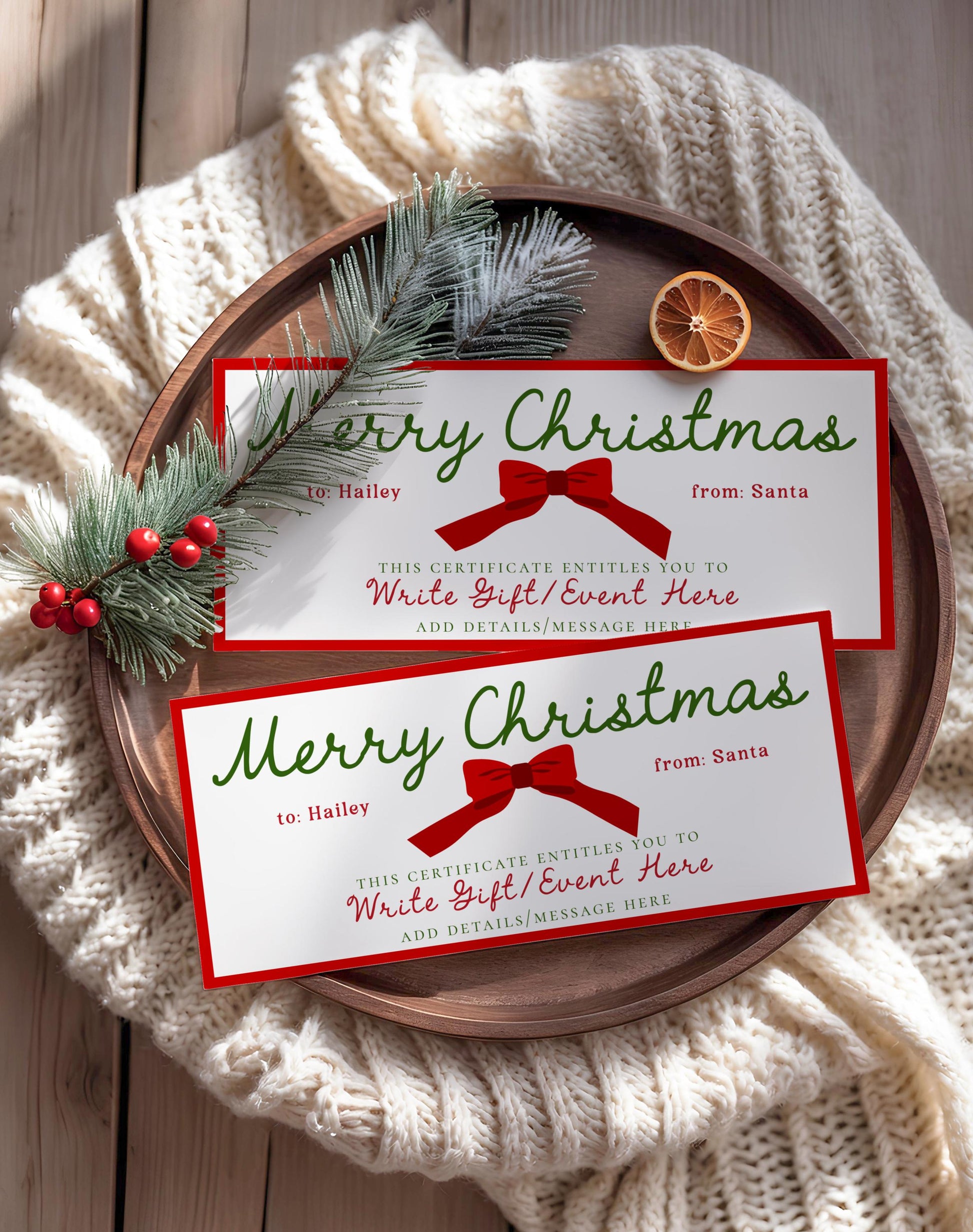 Editable Christmas Gift Certificate, Printable Gift Voucher, Custom Holiday Ticket, Coupon for Event or Experience, Canva Template