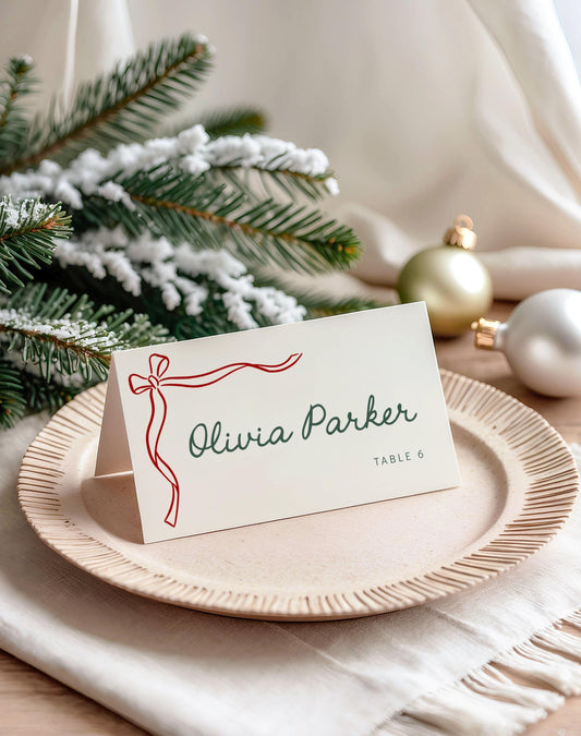 Bow Food Tent Cards, Holiday Place card, Custom Christmas Buffet Card, Editable Template