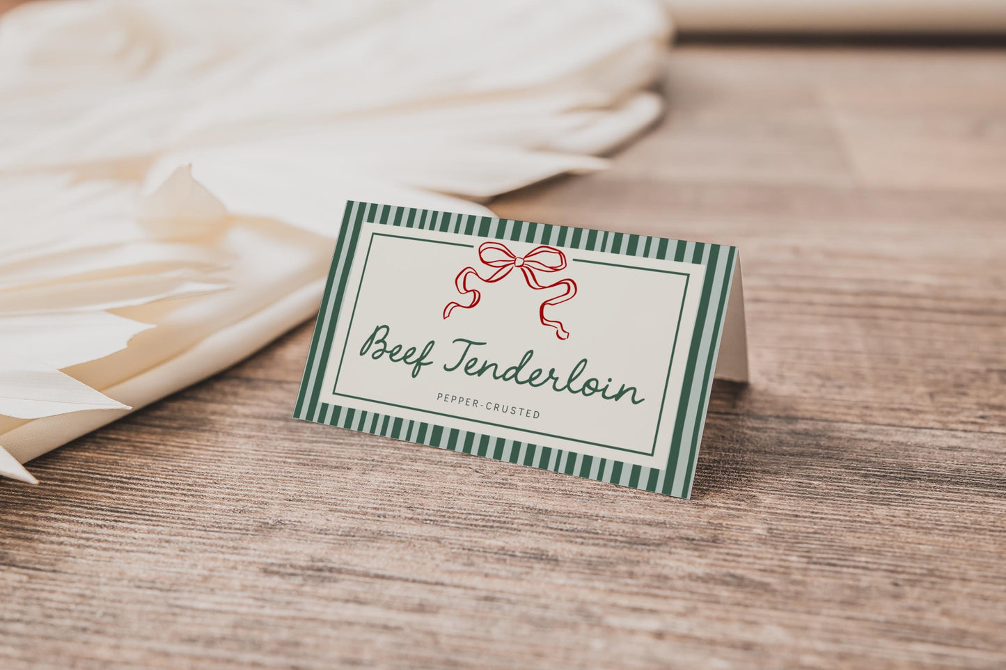 Bow Christmas Place Card, Striped Design Food Tent Cards, Holiday Party Buffet Card, Editable Label Template