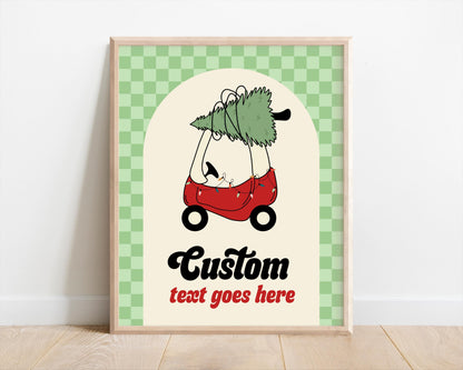 Checkered Christmas Tree Car Birthday Sign - Editable Red Toy Car Party Sign - Oh What Fun First Birthday Party Sign Template