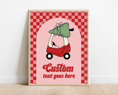 Checkered Christmas Tree Car Birthday Sign - Editable Red Toy Car Party Sign - Oh What Fun First Birthday Party Sign Template