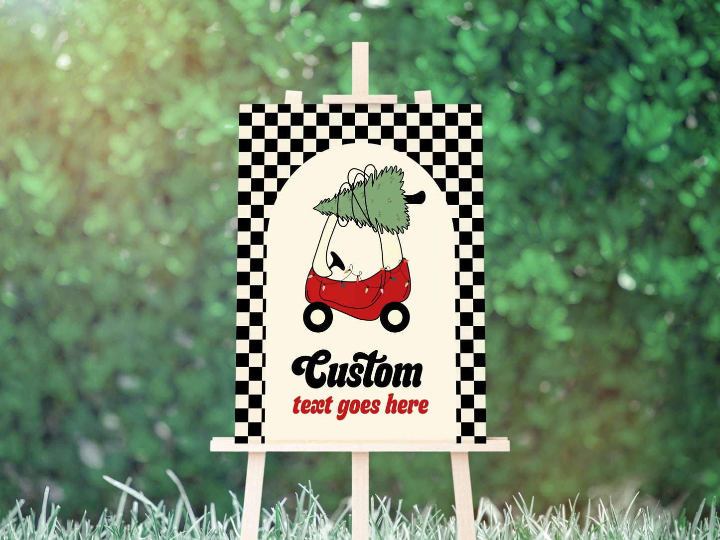 Checkered Christmas Tree Car Birthday Sign - Editable Red Toy Car Party Sign - Oh What Fun First Birthday Party Sign Template