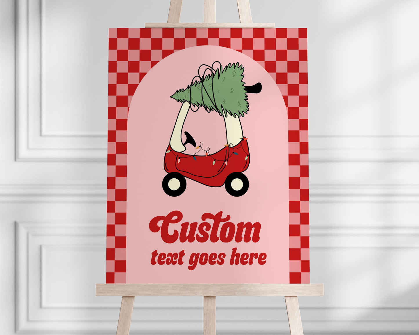 Checkered Christmas Tree Car Birthday Sign - Editable Red Toy Car Party Sign - Oh What Fun First Birthday Party Sign Template