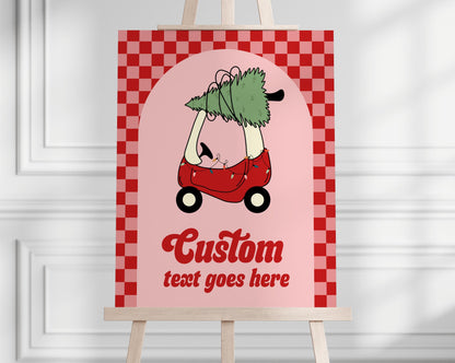 Checkered Christmas Tree Car Birthday Sign - Editable Red Toy Car Party Sign - Oh What Fun First Birthday Party Sign Template