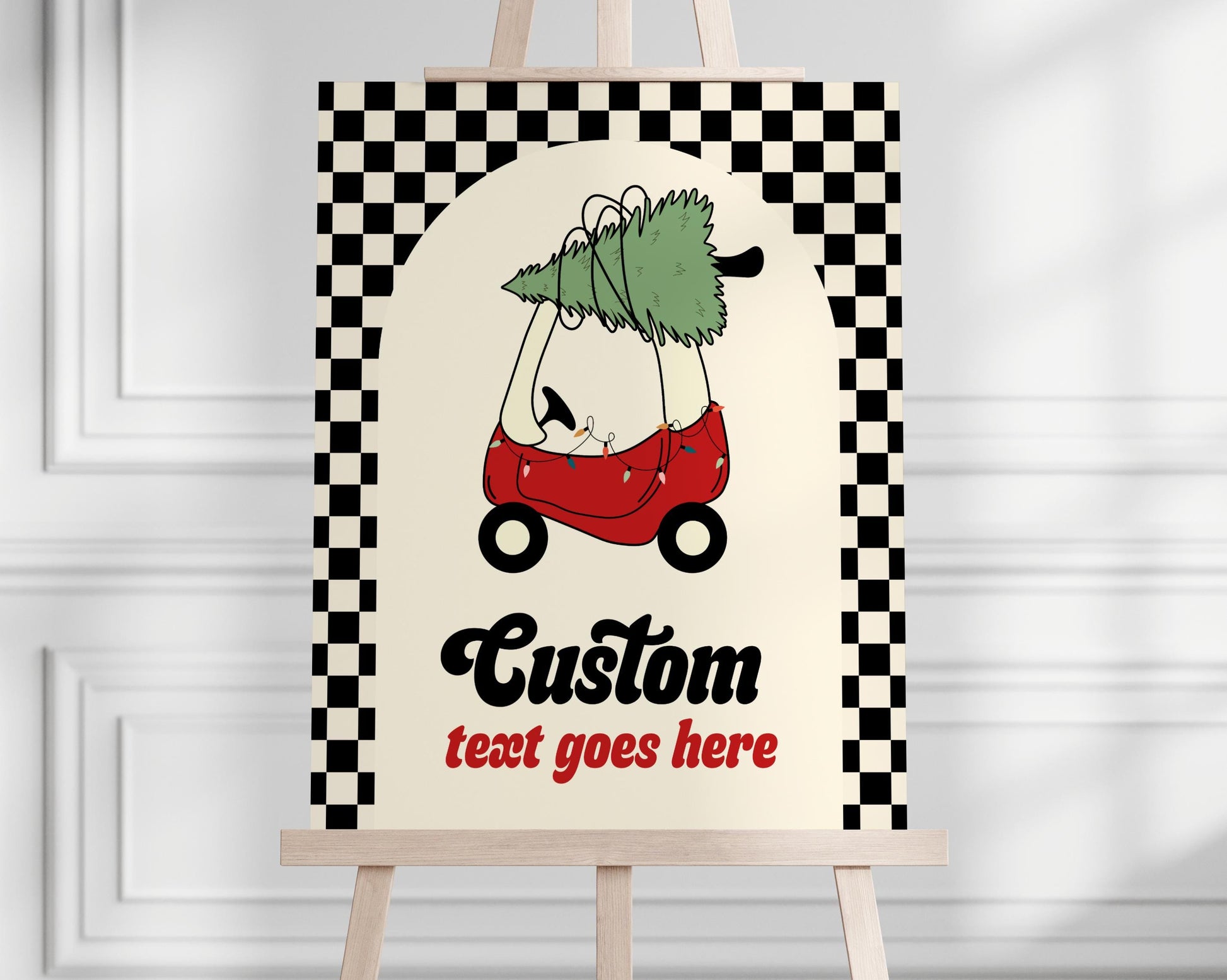 Checkered Christmas Tree Car Birthday Sign - Editable Red Toy Car Party Sign - Oh What Fun First Birthday Party Sign Template