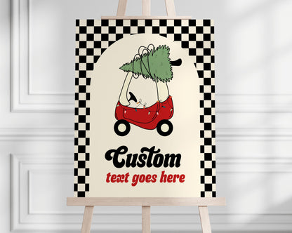 Checkered Christmas Tree Car Birthday Sign - Editable Red Toy Car Party Sign - Oh What Fun First Birthday Party Sign Template