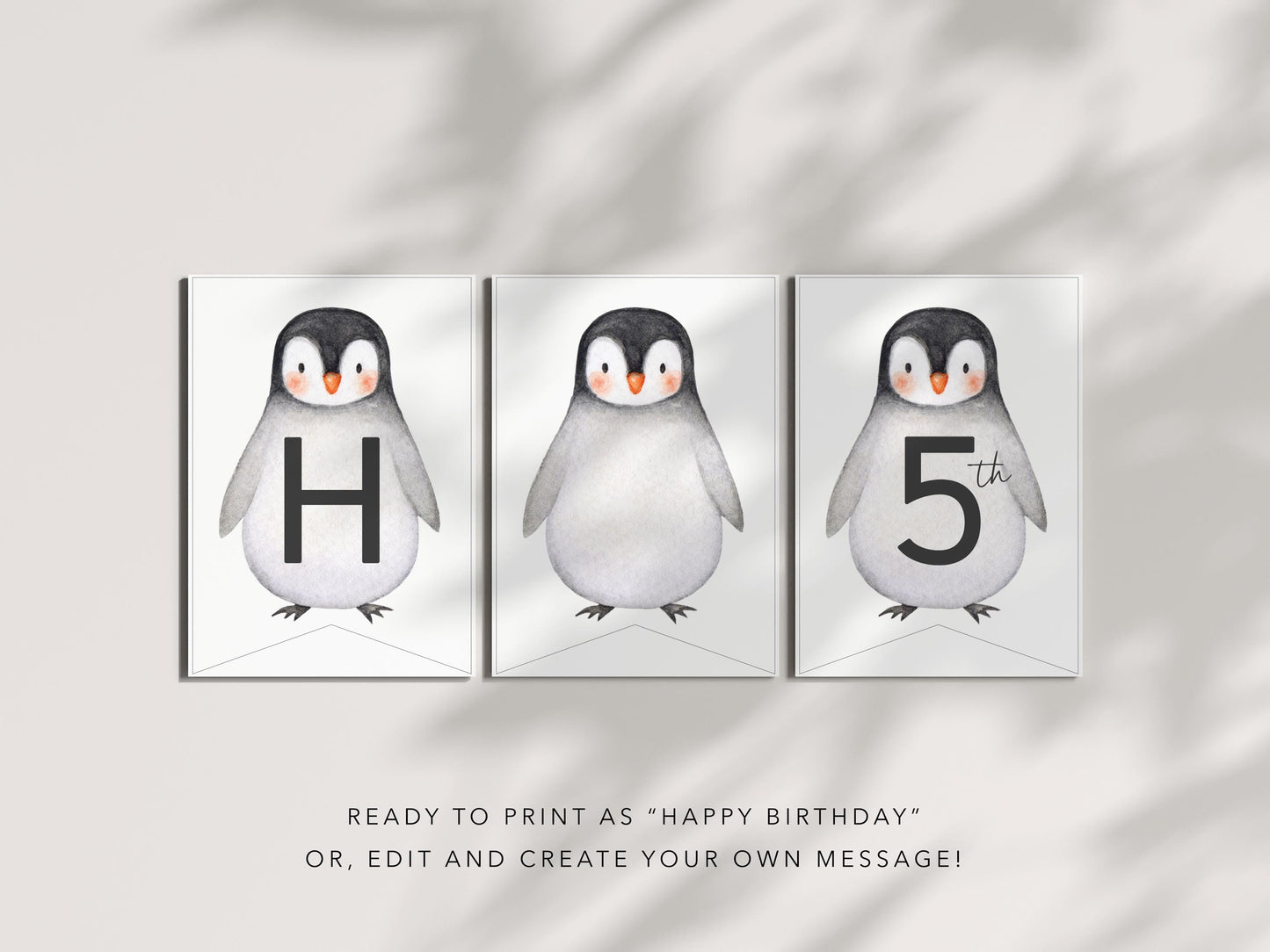 Penguin Birthday Banner - Editable Bunting, Winter Birthday or Baby Shower Decorations Printable - Template