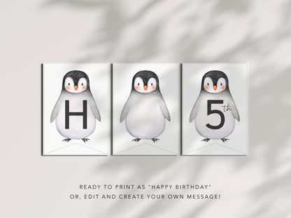 Penguin Birthday Banner - Editable Bunting, Winter Birthday or Baby Shower Decorations Printable - Template