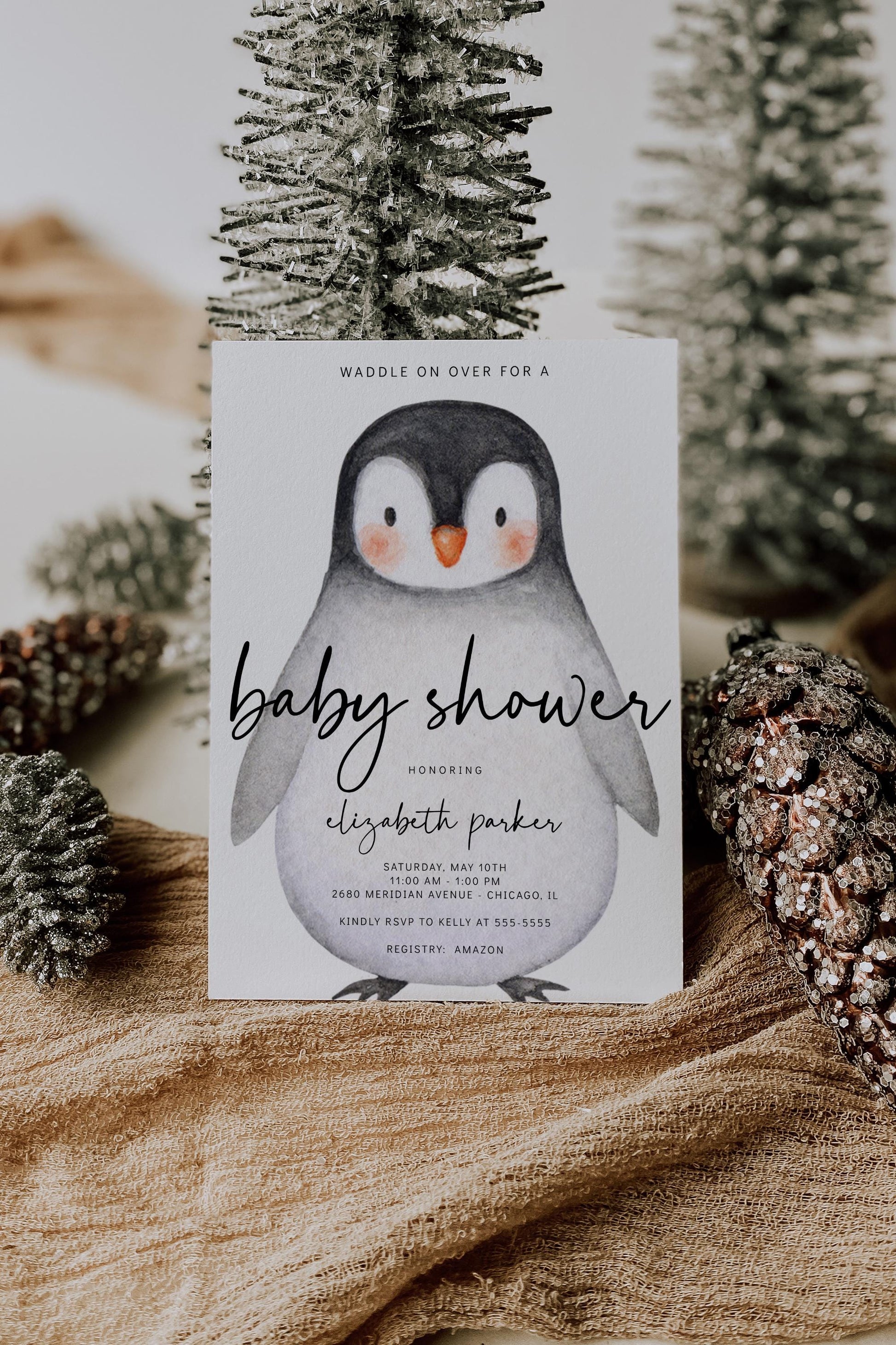 Penguin Birthday Banner - Editable Bunting, Winter Birthday or Baby Shower Decorations Printable - Template