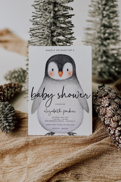 Penguin Birthday Banner - Editable Bunting, Winter Birthday or Baby Shower Decorations Printable - Template