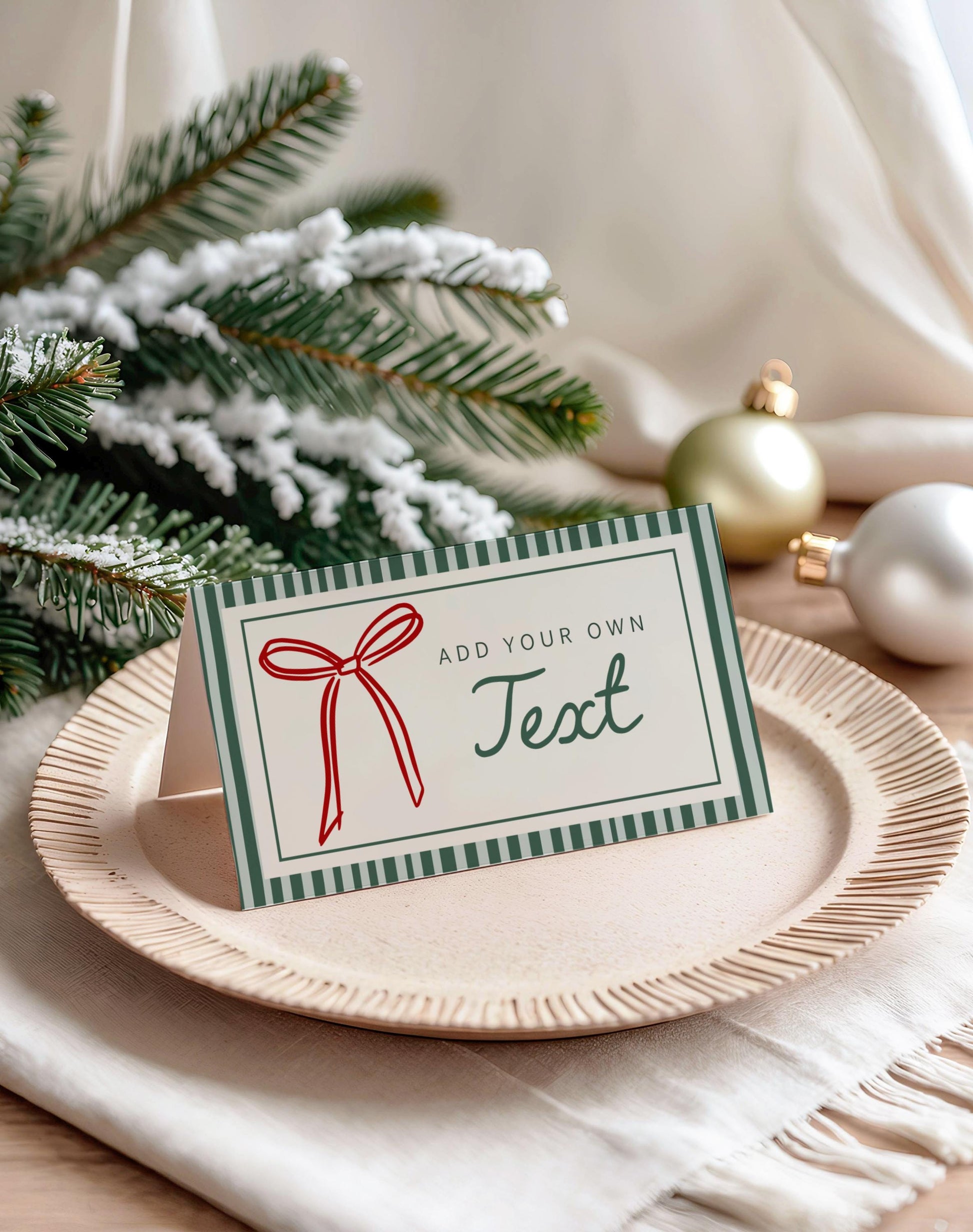 Christmas Red Bow Tent Card, Green Striped Place Cards, Holiday Party Buffet Card, Editable Label Template