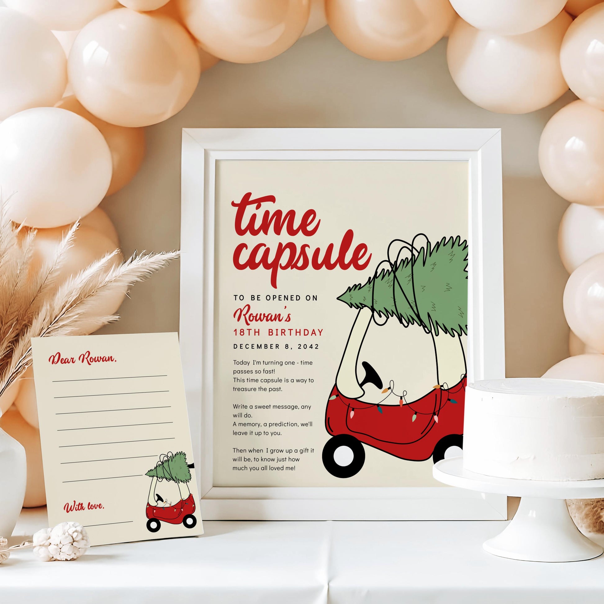 Christmas Toy Car Birthday Time Capsule - Holiday Tree 1st Birthday, First Birthday Party Message, Instant Download, EDITABLE TEMPLATE