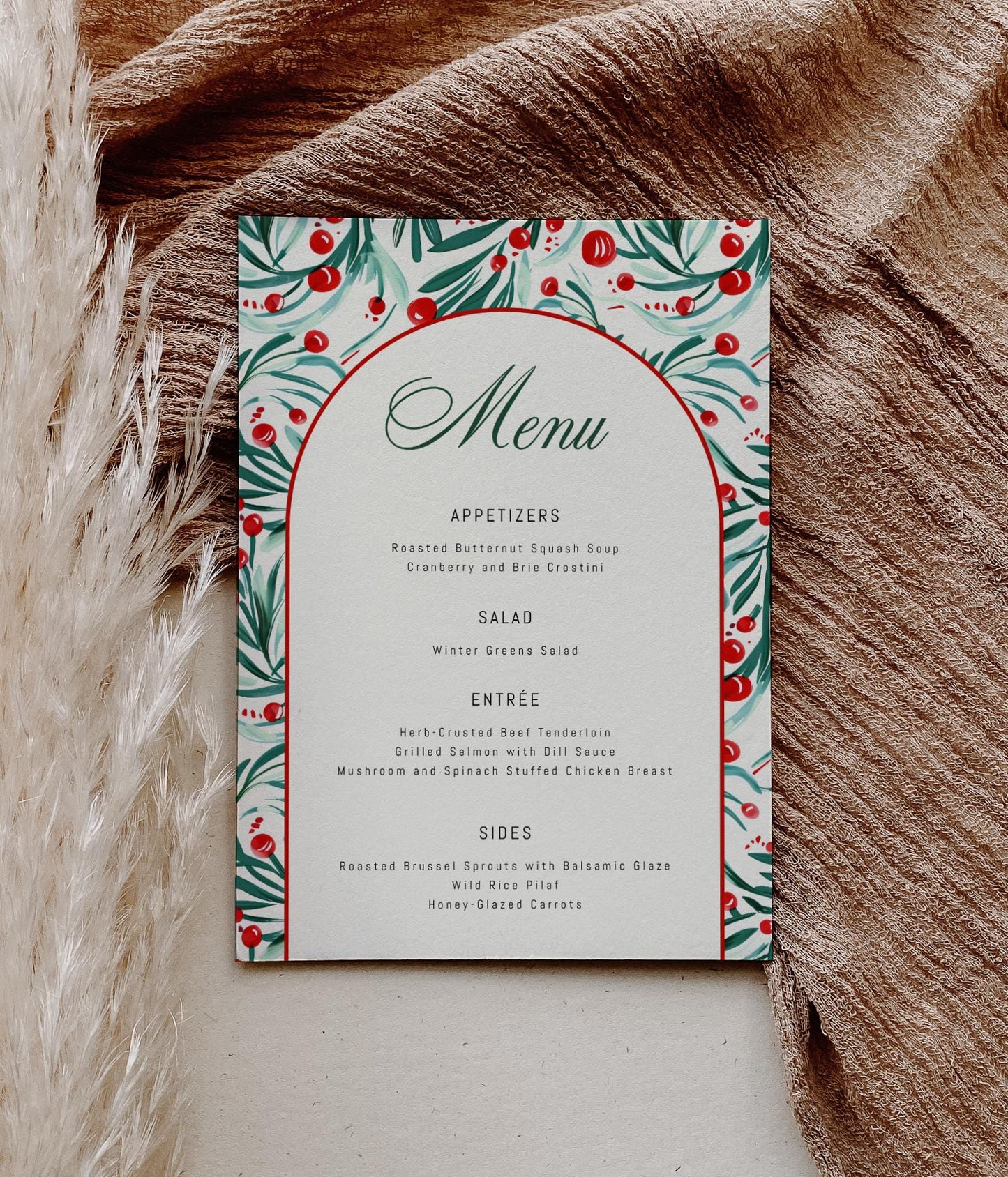 Editable Christmas Menu - Holiday Dinner Party Bar Drink List - Holly and Berry Sign - Corjl Template