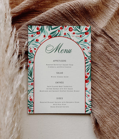Editable Christmas Menu - Holiday Dinner Party Bar Drink List - Holly and Berry Sign - Corjl Template