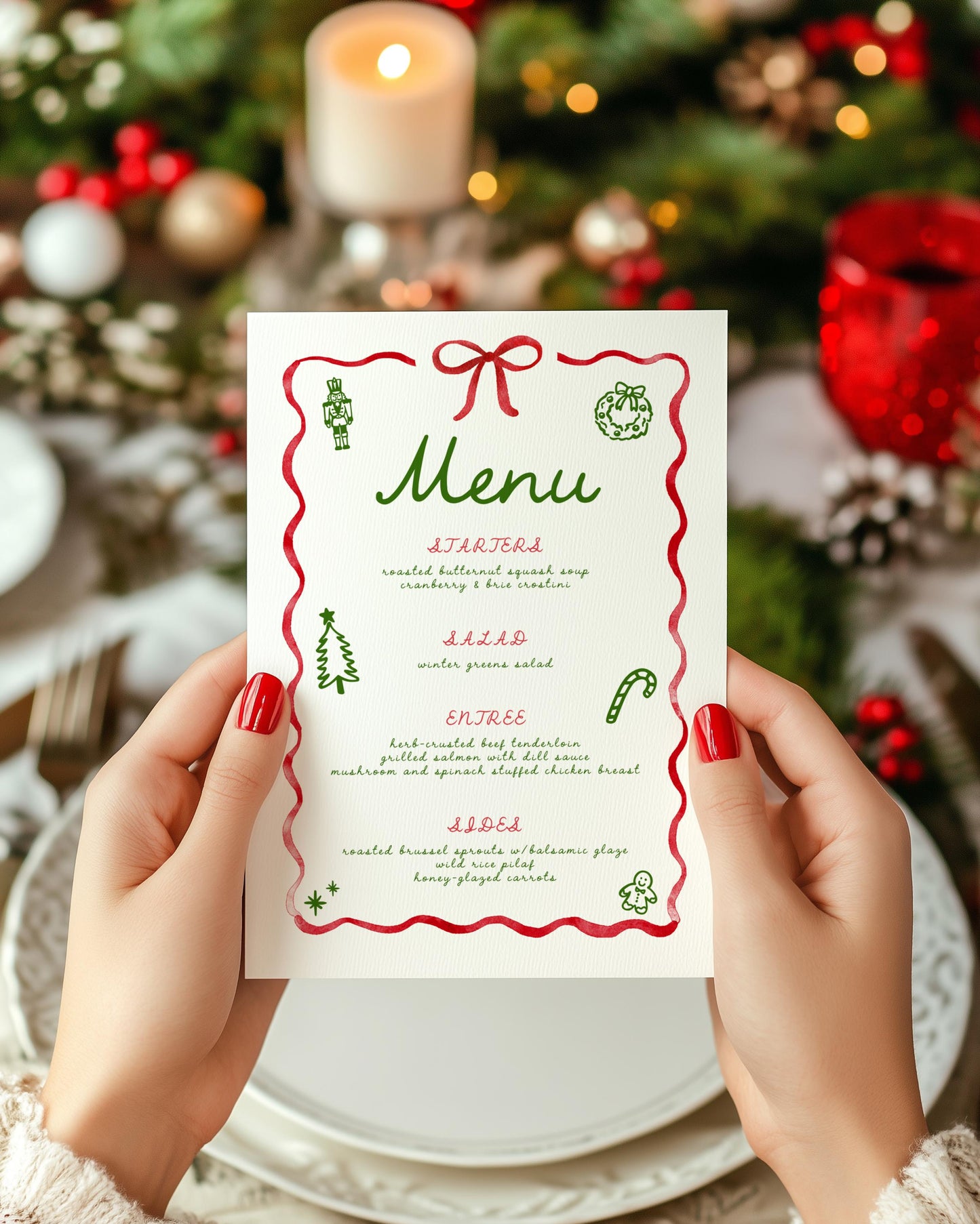 Editable Christmas Party Menu, Whimsical Retro Bow Holiday Bar Drink Menu - Canva Template