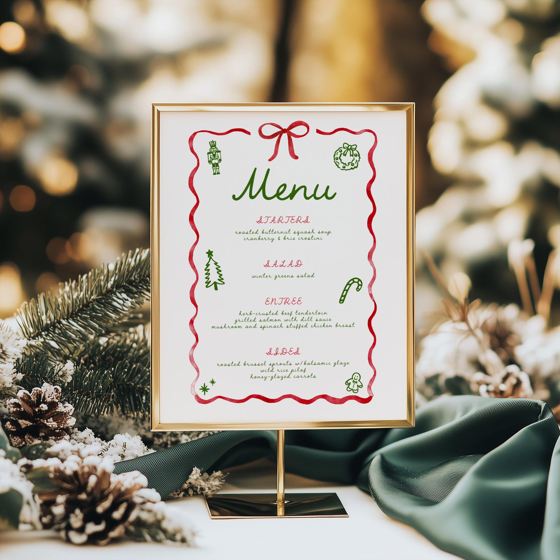 Editable Christmas Party Menu, Whimsical Retro Bow Holiday Bar Drink Menu - Canva Template
