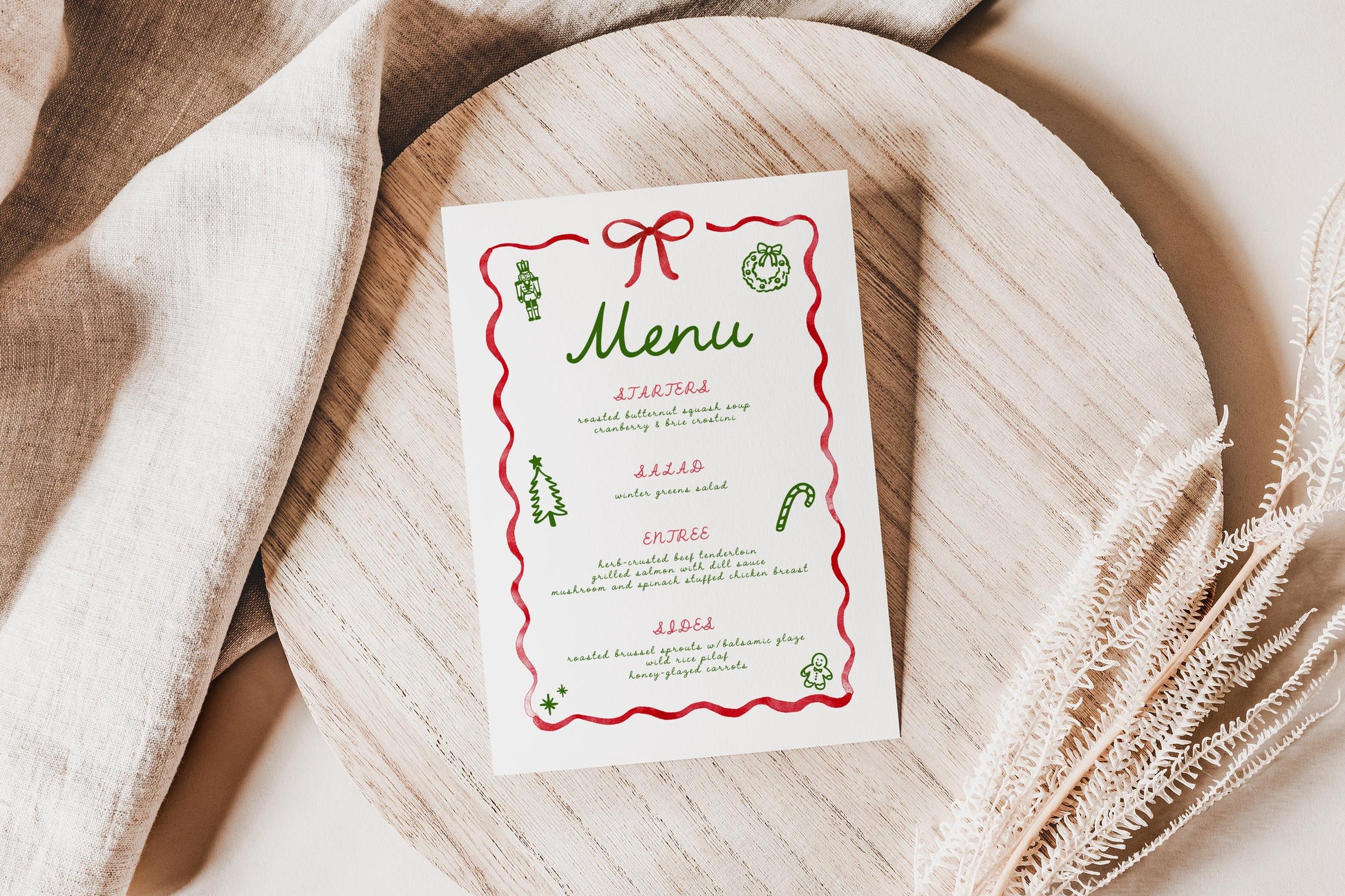 retro christmas party menu.  wavy red ribbon and red bow with green hand drawn holiday elements of christmas tree, candy cane, wreath, gingerbread man and nutcracker