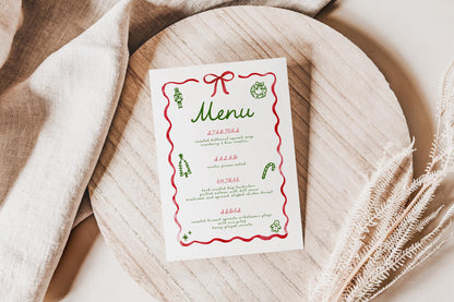 retro christmas party menu.  wavy red ribbon and red bow with green hand drawn holiday elements of christmas tree, candy cane, wreath, gingerbread man and nutcracker