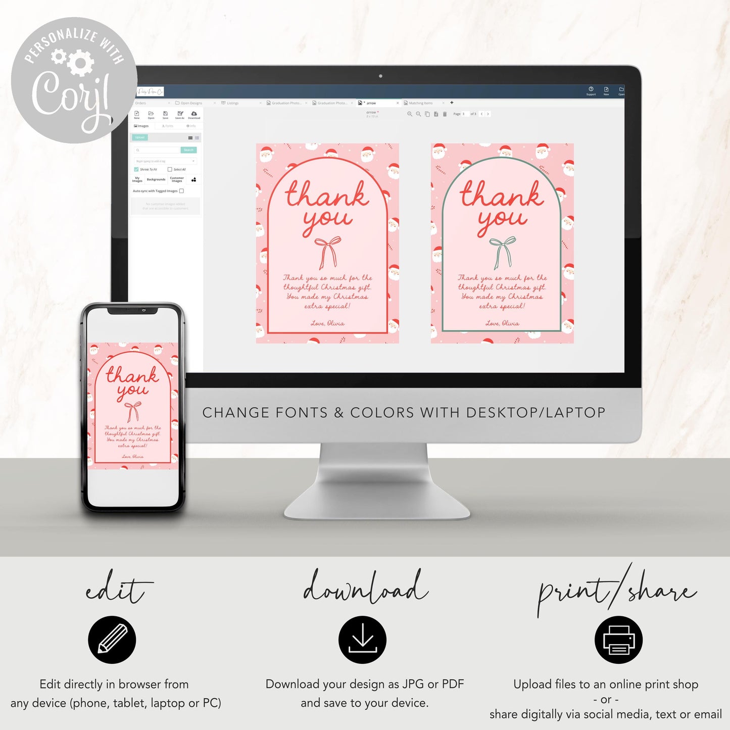 Editable Christmas Thank You Card - Pink Red Bow - Personalized - DIY Template - EDIT YOURSELF