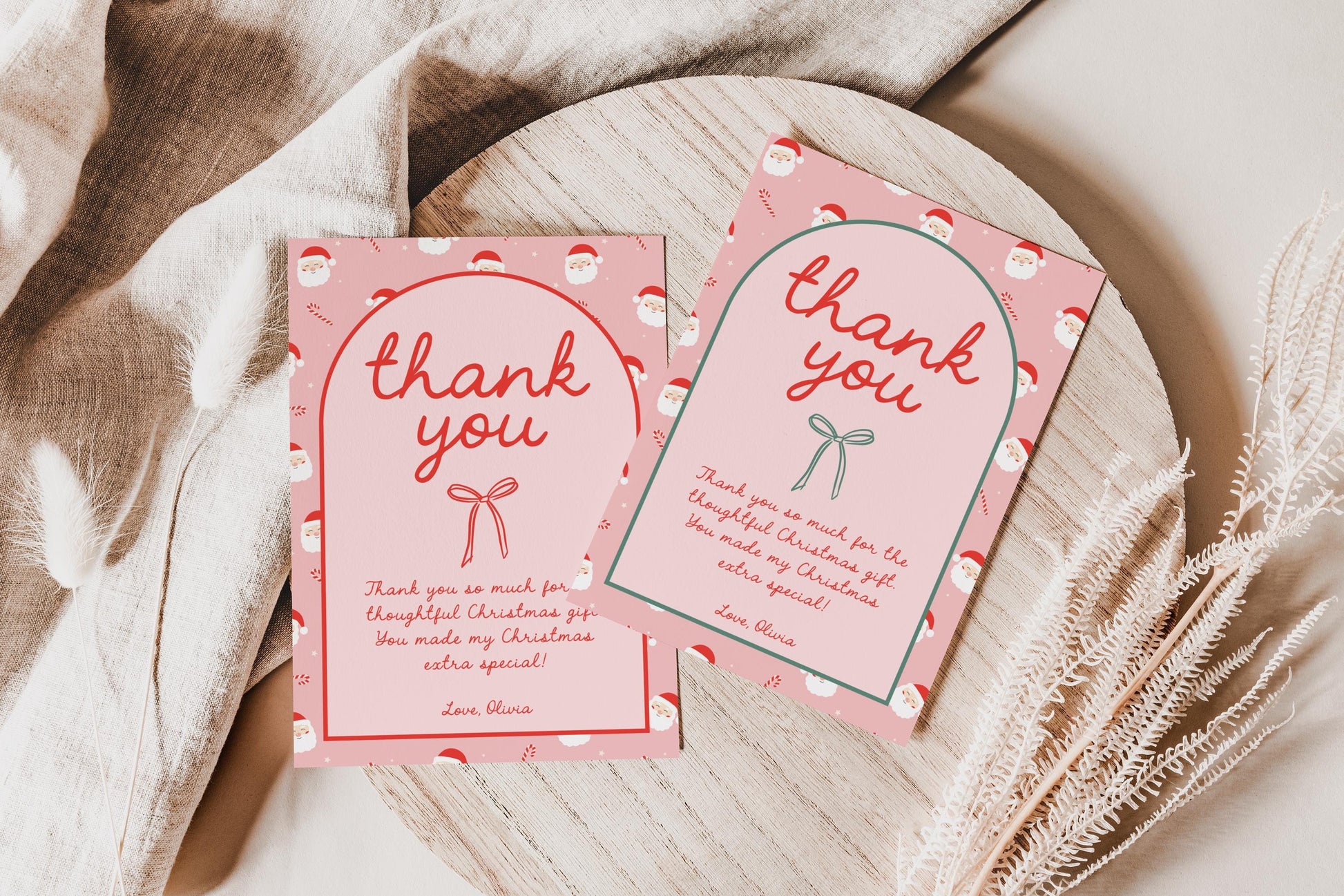 Editable Christmas Thank You Card - Pink Red Bow - Personalized - DIY Template - EDIT YOURSELF