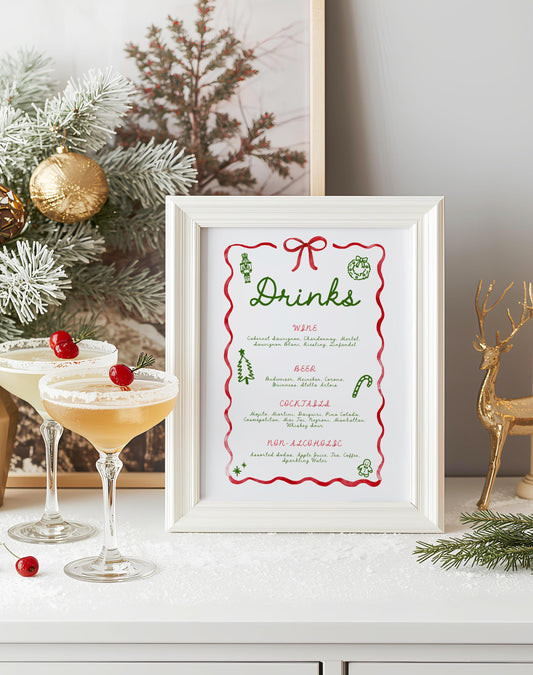 vintage retro christmas party drink menu for bar.  white background and red ribbon and bow frame with hand drawn holiday graphics