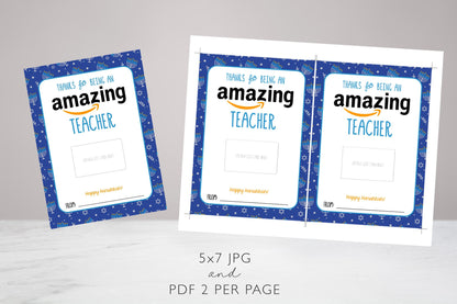 Hanukkah Gift Card Holder for Amazon Gift Card Holder - Amazing Teacher Present - INSTANT DOWNLOAD Printable File